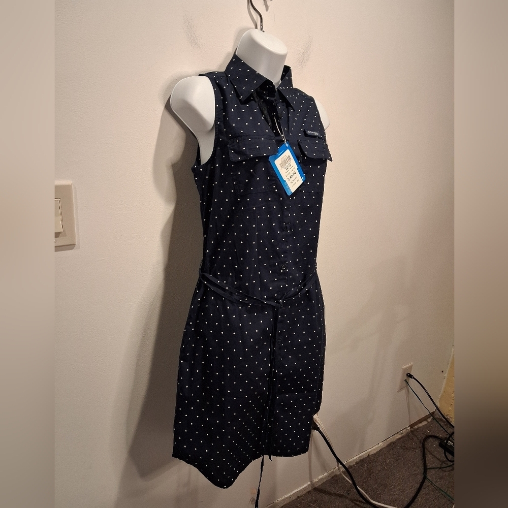 New Columbia Size Xs Navy W/polka Dots Button Up Shirt Dress - Picture 2 of 6